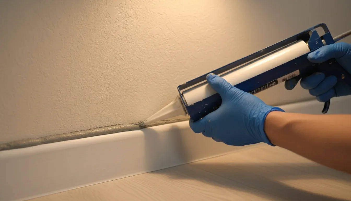 Gloved hands applying sealant to a crack along a baseboard