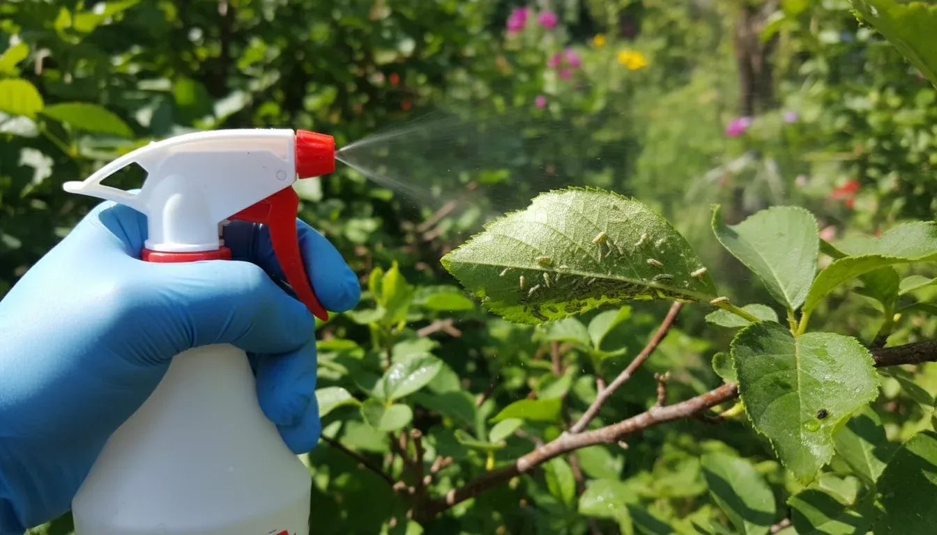 hand spraying insecticidal soap on sawfly larvae under leaf