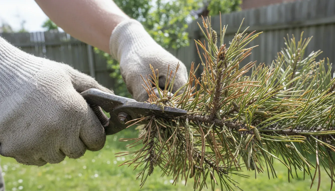 pruning shears cutting sawfly-damaged pine branch