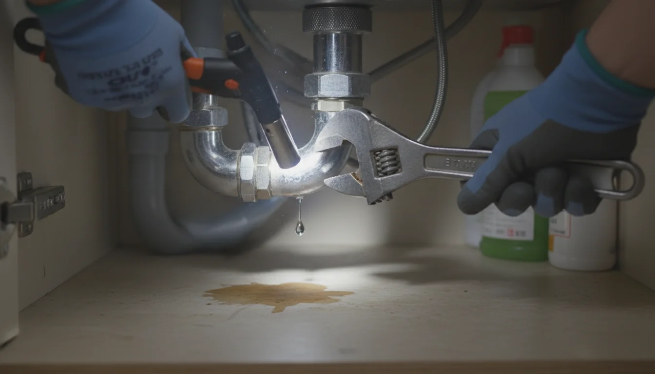 Leaking pipe fitting under a sink with water drip visible and wrench in hand ready for repair