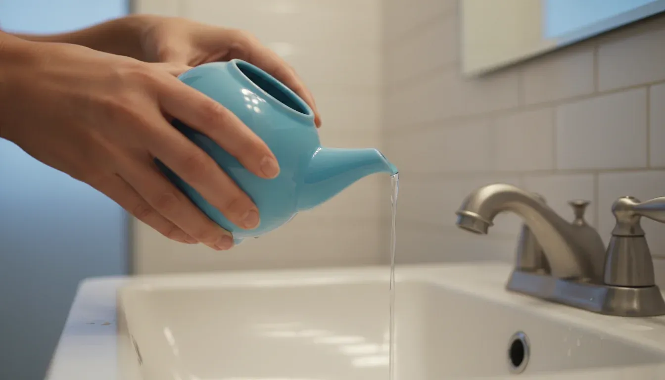 hands using neti pot for saline nasal rinse over sink