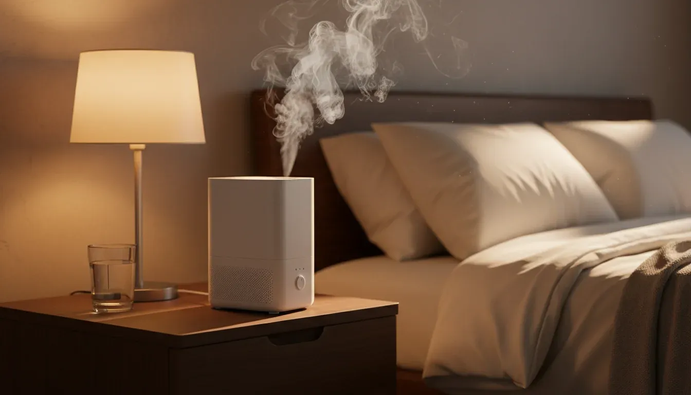 humidifier releasing mist in bedroom to add moisture to air