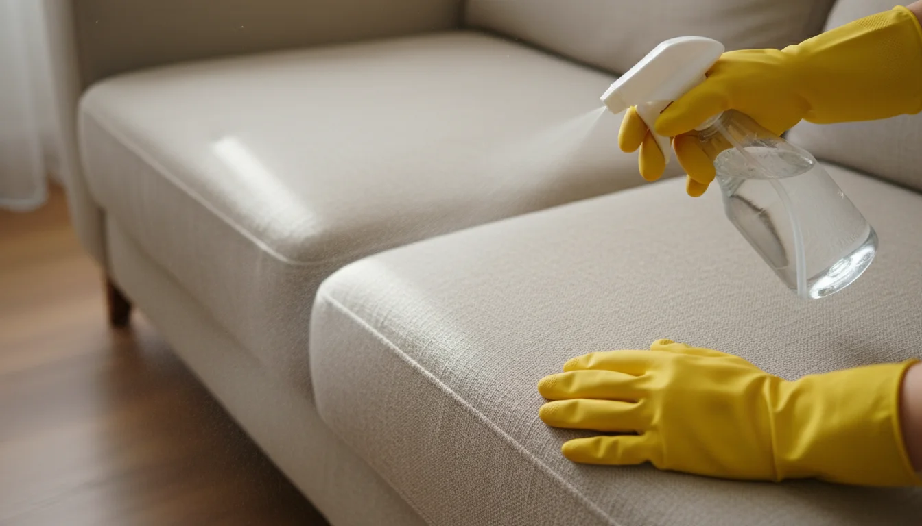 Spraying enzyme cleaner onto fabric sofa to remove skunk smell