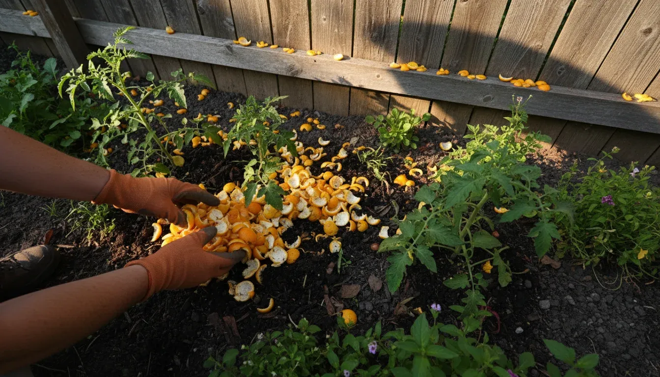 hands placing citrus peels around garden perimeter