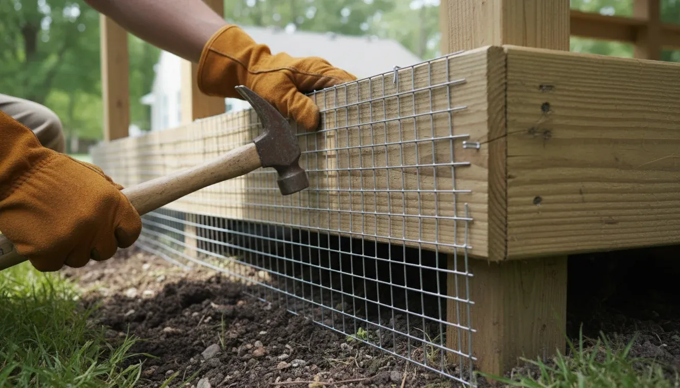 hands securing hardware cloth barrier under deck foundation