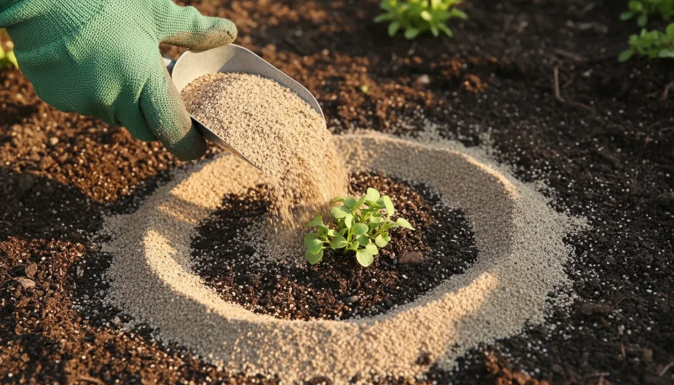 hand pouring sand barrier around garden plants