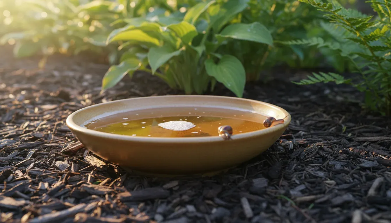 shallow dish of beer slug trap in garden bed