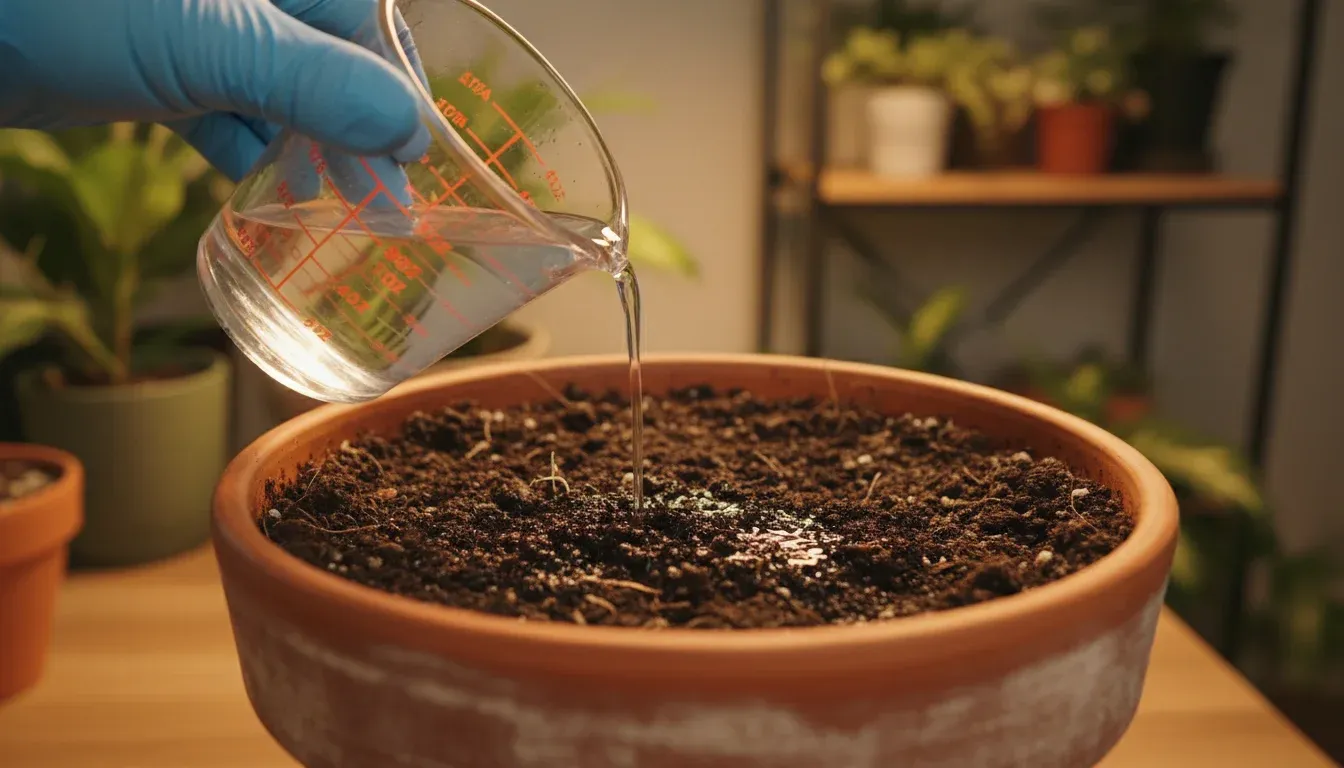 pouring hydrogen peroxide solution onto potting soil