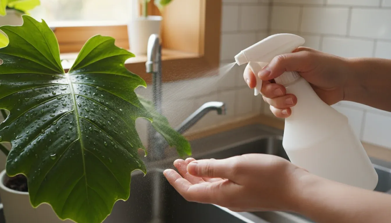 spraying neem oil solution on houseplant leaf