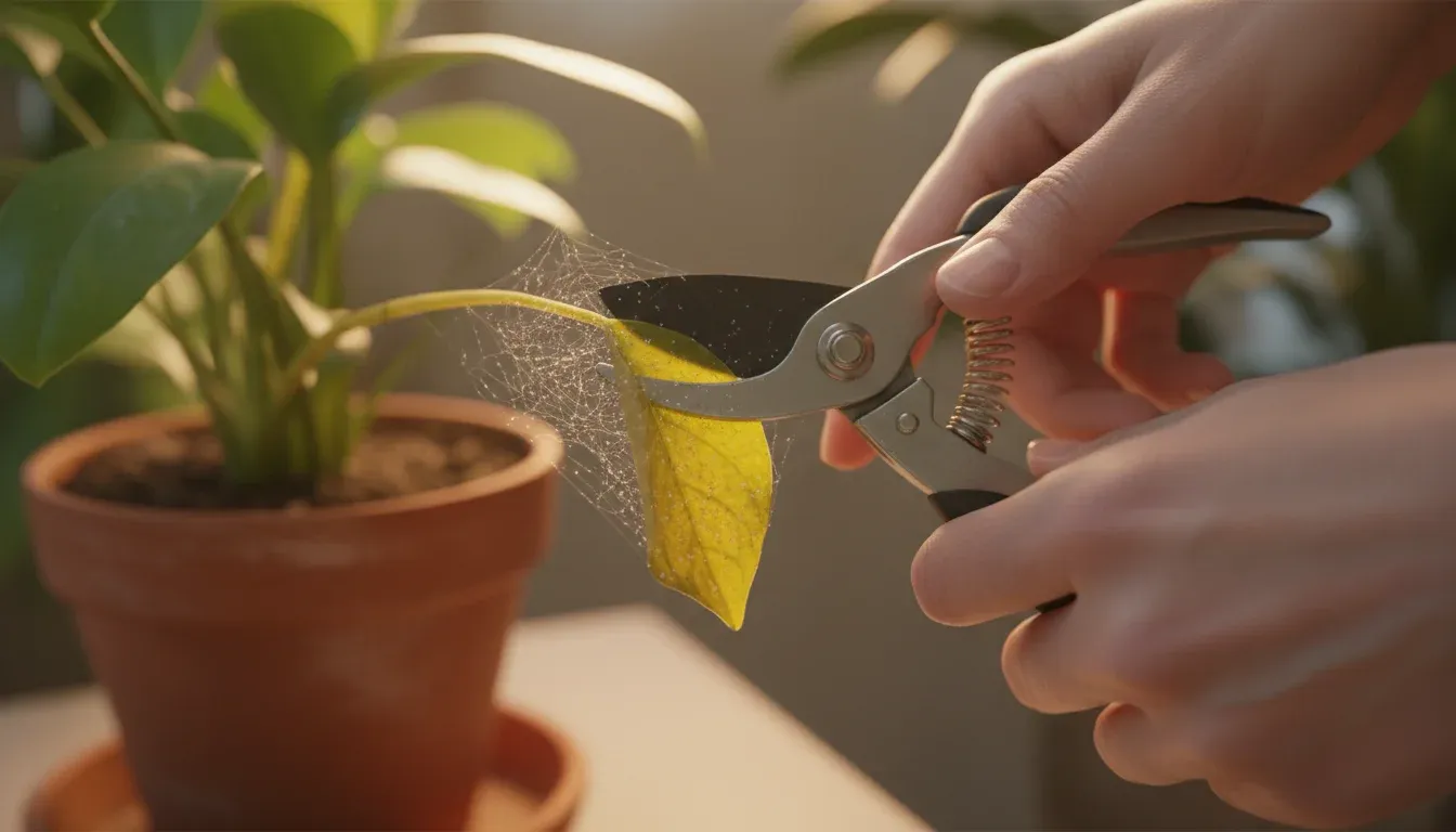removing heavily infested leaf with pruning shears