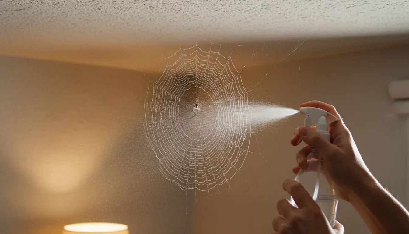 Hands spraying water onto a spider web in a ceiling corner