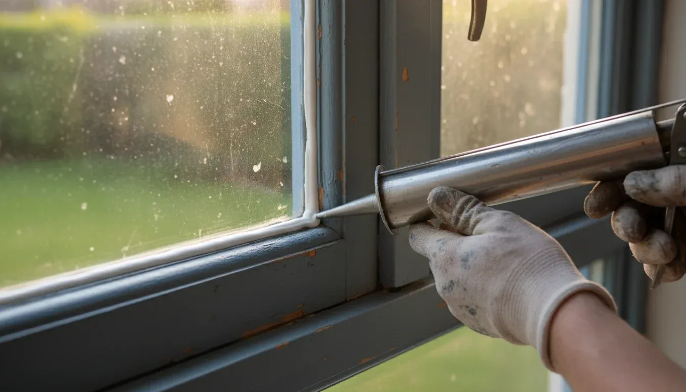 Hands applying sealant to a window frame gap with a caulking gun