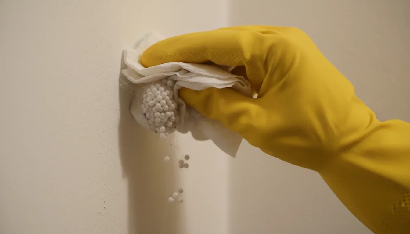 gloved hand removing spider egg sac from wall corner