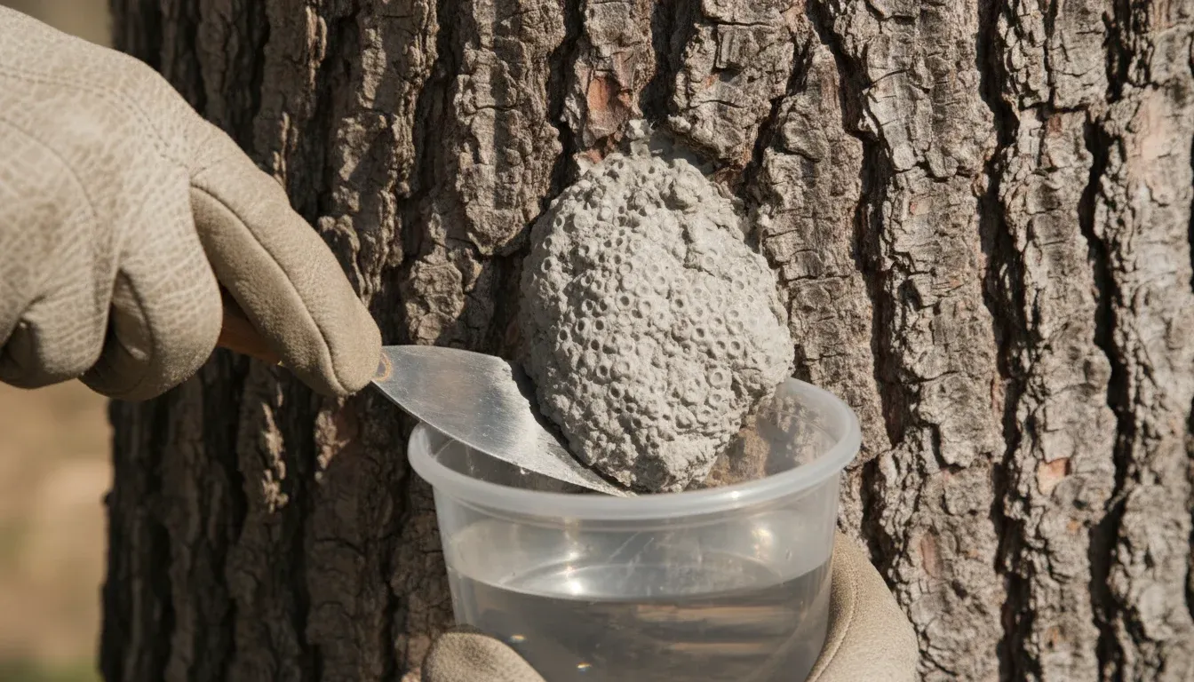 scraping spotted lanternfly egg mass from tree bark with putty knife
