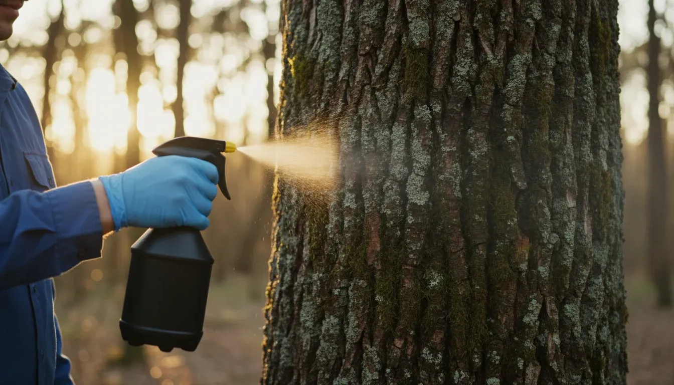 applying residual insecticide spray to tree trunk