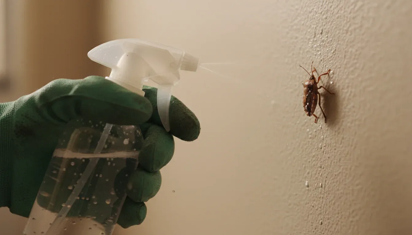 hand spraying soap solution at stink bug on wall