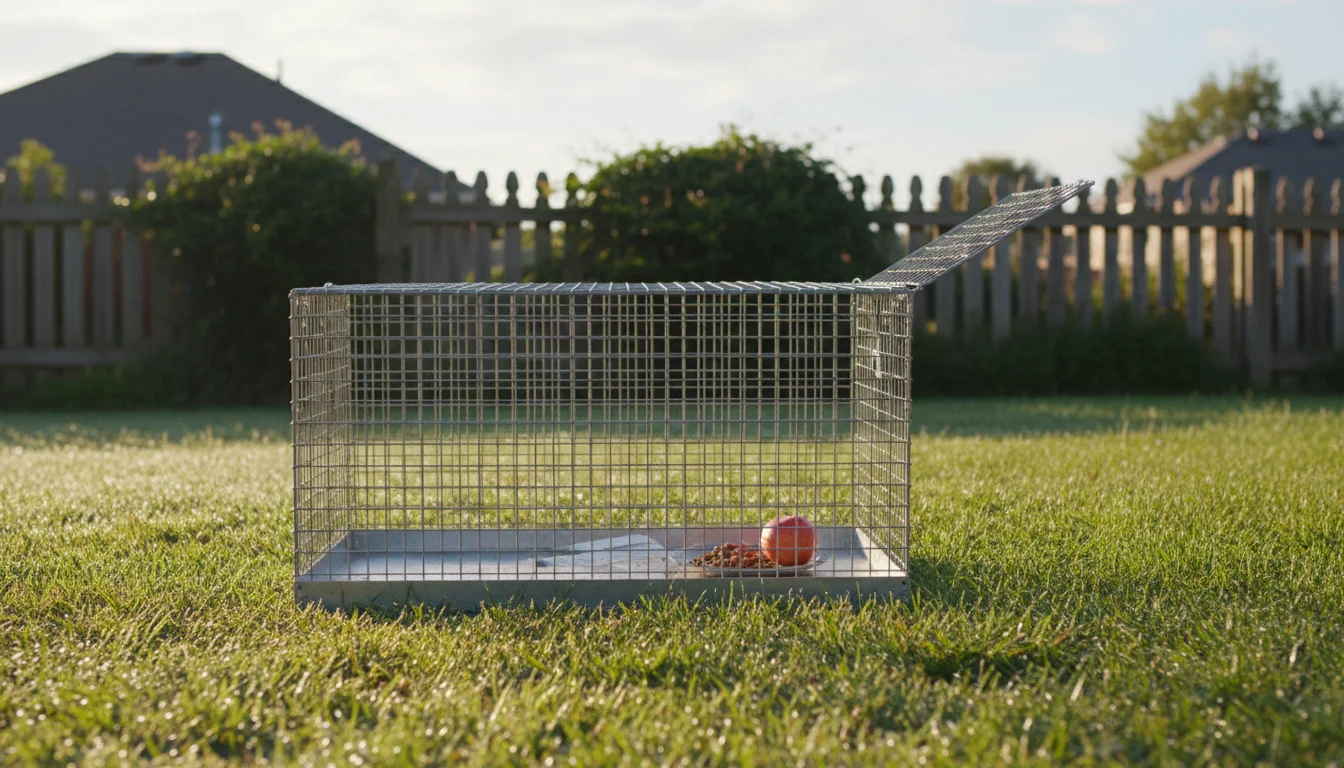 Humane live trap set on suburban lawn for stray cat removal