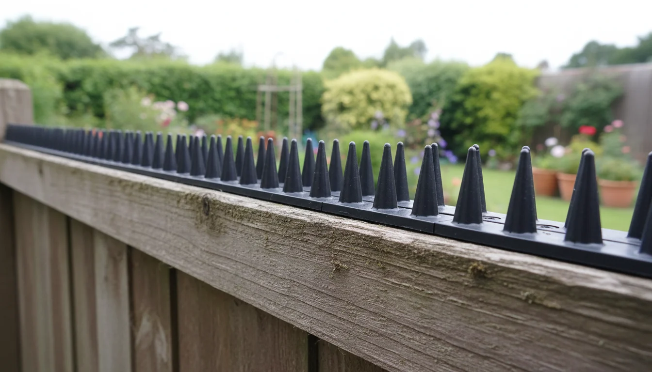 Cat deterrent spike strips installed along the top of a wooden garden fence