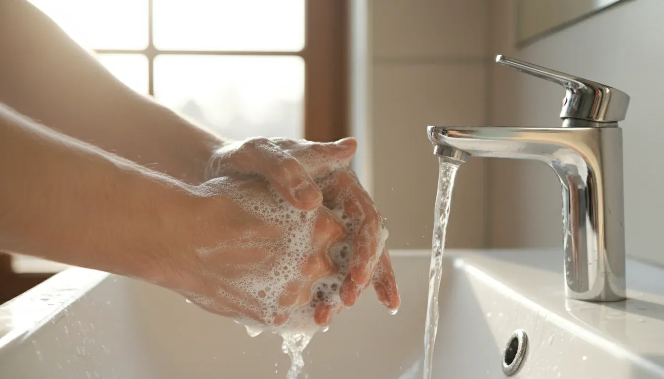 hands being washed with antibacterial soap under running water