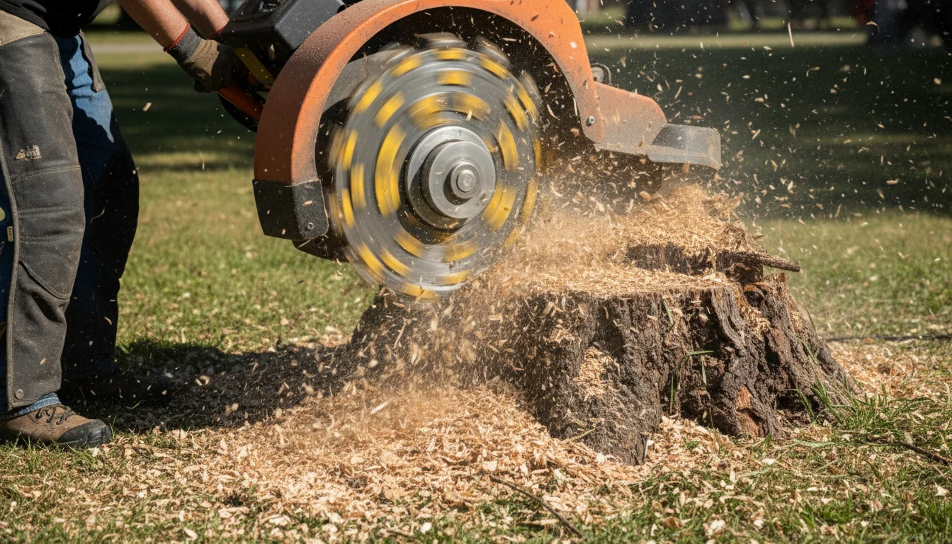 Stump grinder machine cutting wheel shredding tree stump with wood chips flying
