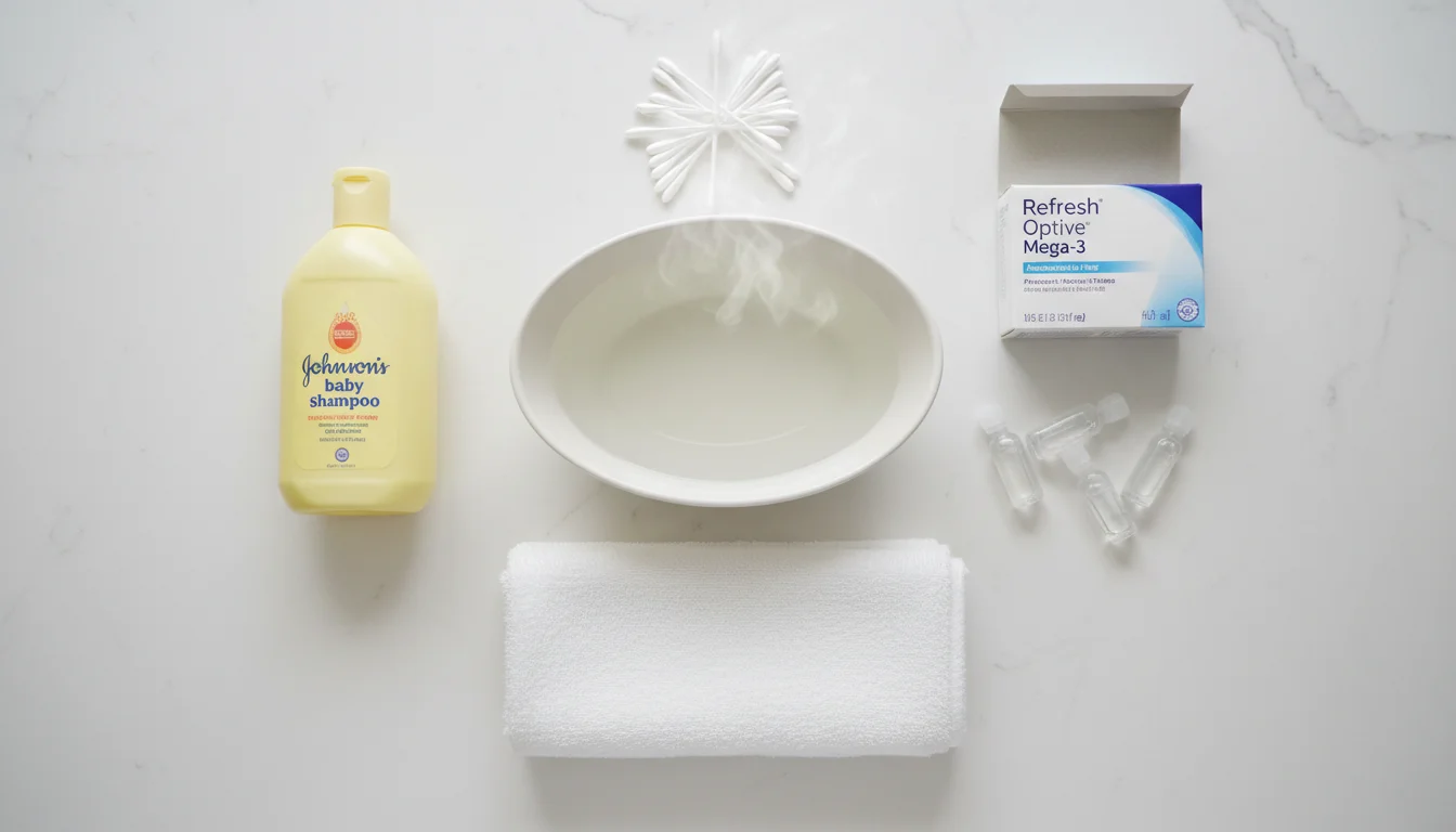Stye treatment supplies including baby shampoo, cotton swabs, artificial tears, and a warm washcloth