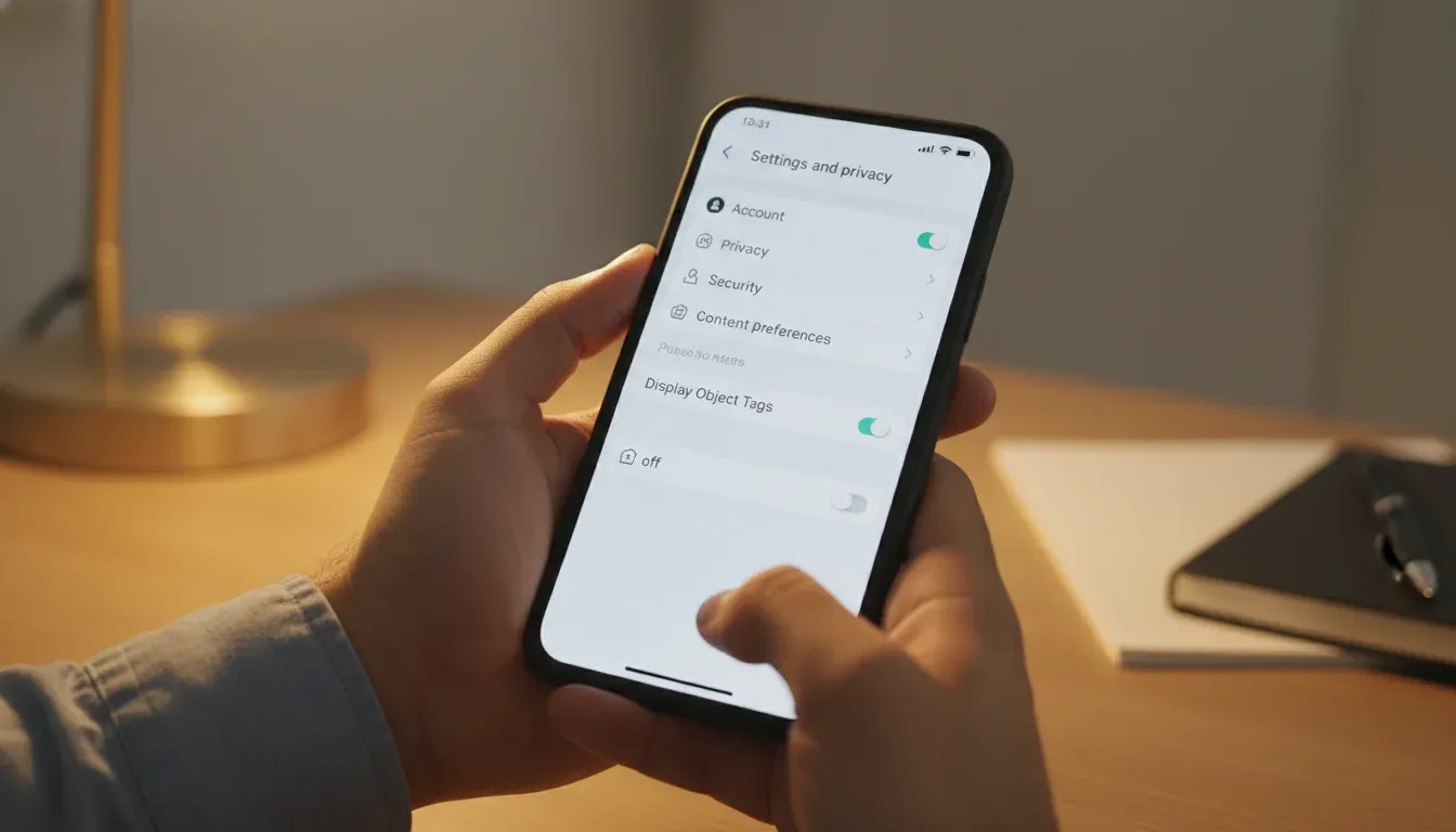 navigating TikTok settings to Display Object Tags toggle