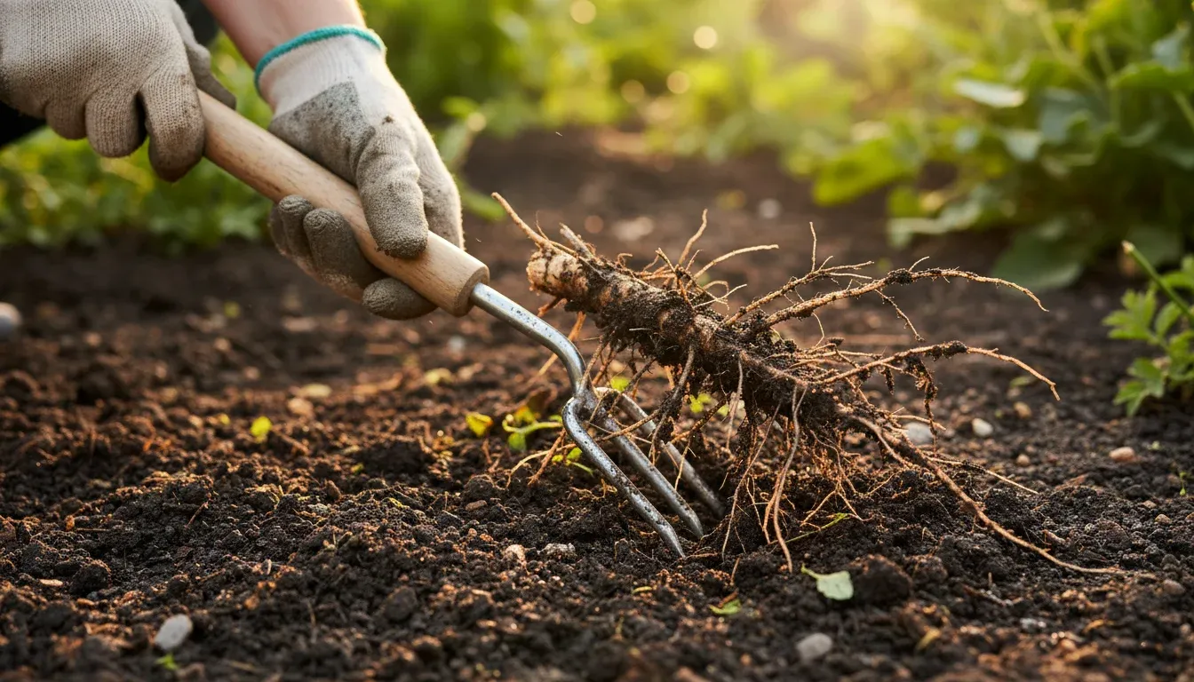 gloved hands using weeding tool to dig out thistle taproot