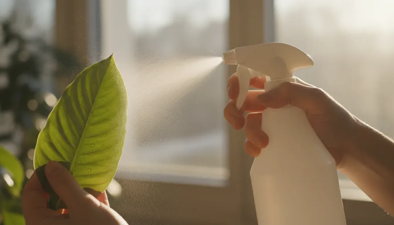 applying neem oil spray to underside of plant leaf