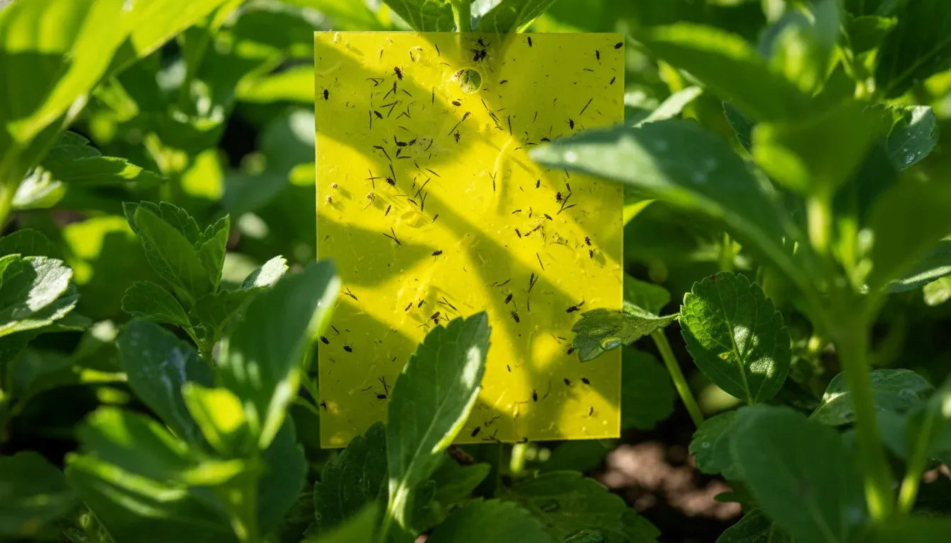 yellow sticky trap hanging among plants with captured thrips