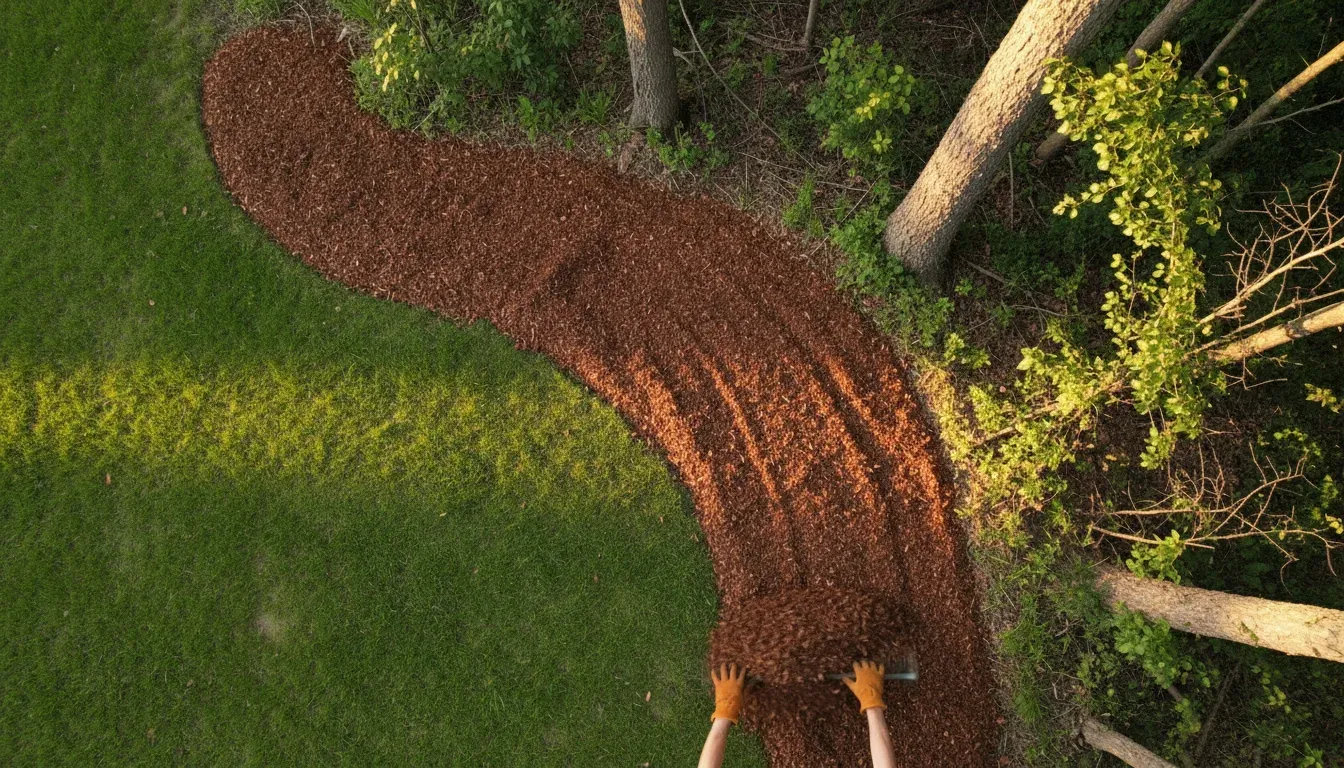 hands spreading wood chip barrier between lawn and woods