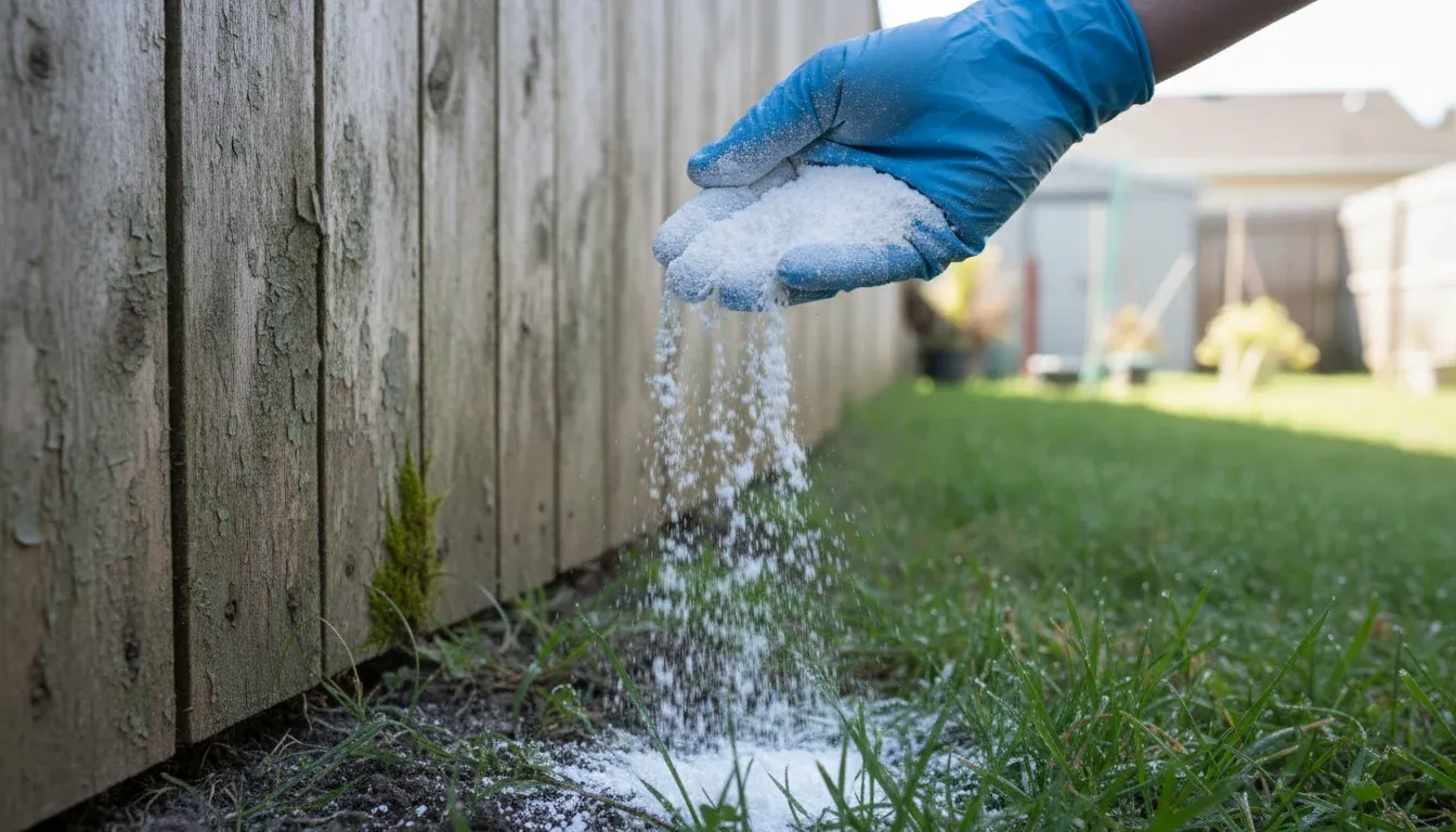 hand applying diatomaceous earth powder along fence line