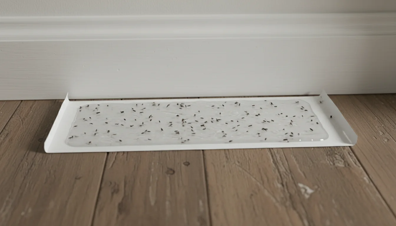 Sticky insect trap placed along baseboard catching tiny bugs in house