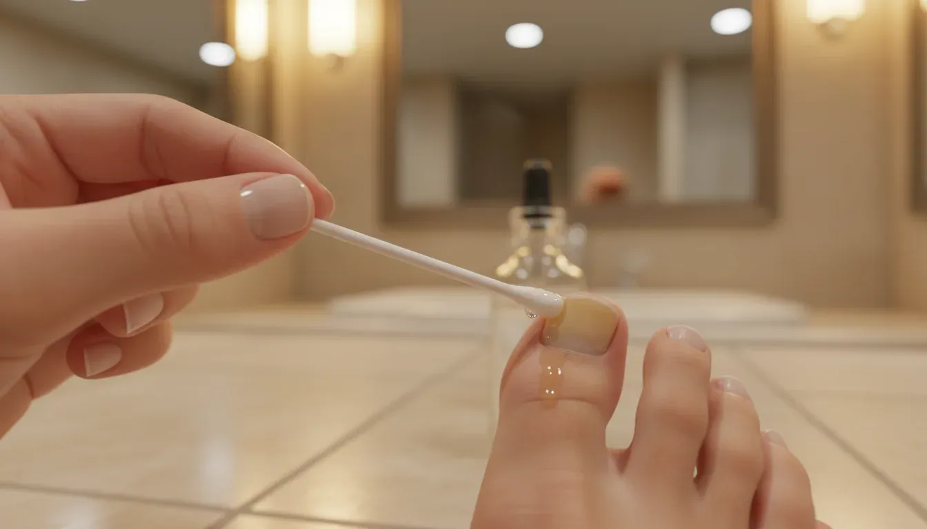 applying tea tree oil to infected toenail with cotton swab