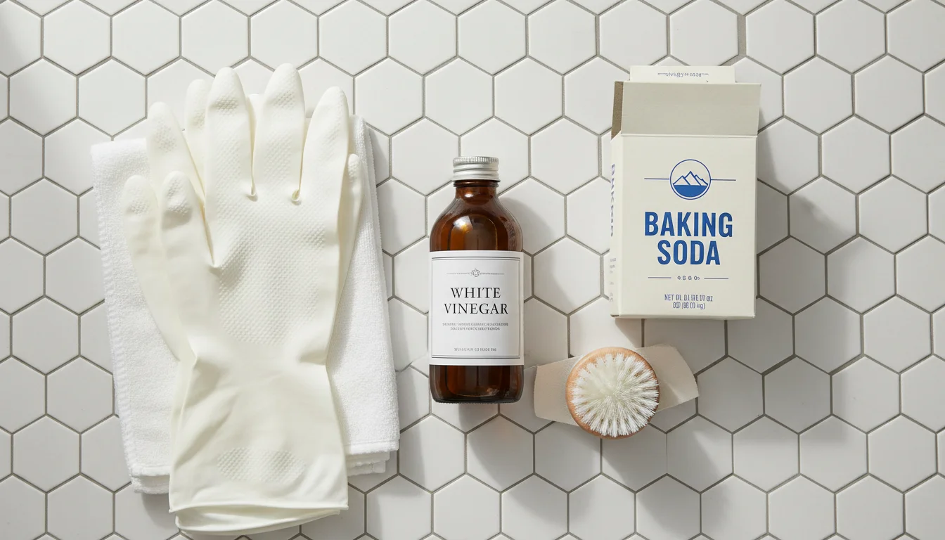 White vinegar and baking soda cleaning supplies for toilet stain removal
