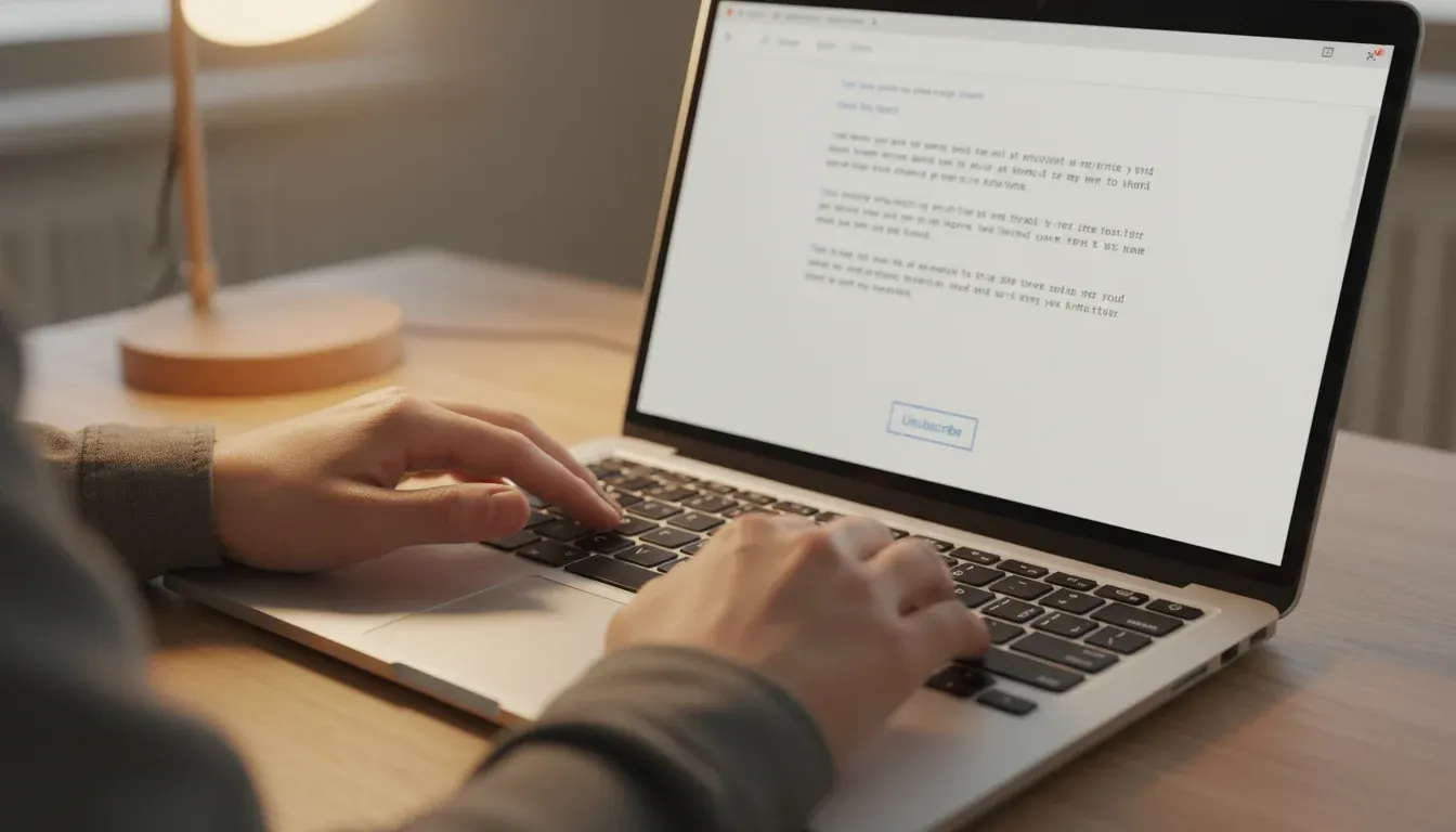 Hands using a laptop to click unsubscribe on an unwanted email