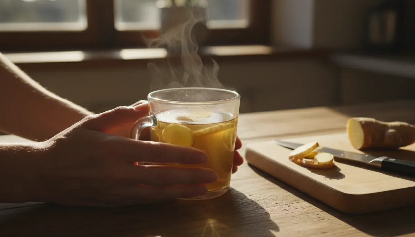 hands holding mug of fresh ginger tea with sliced ginger