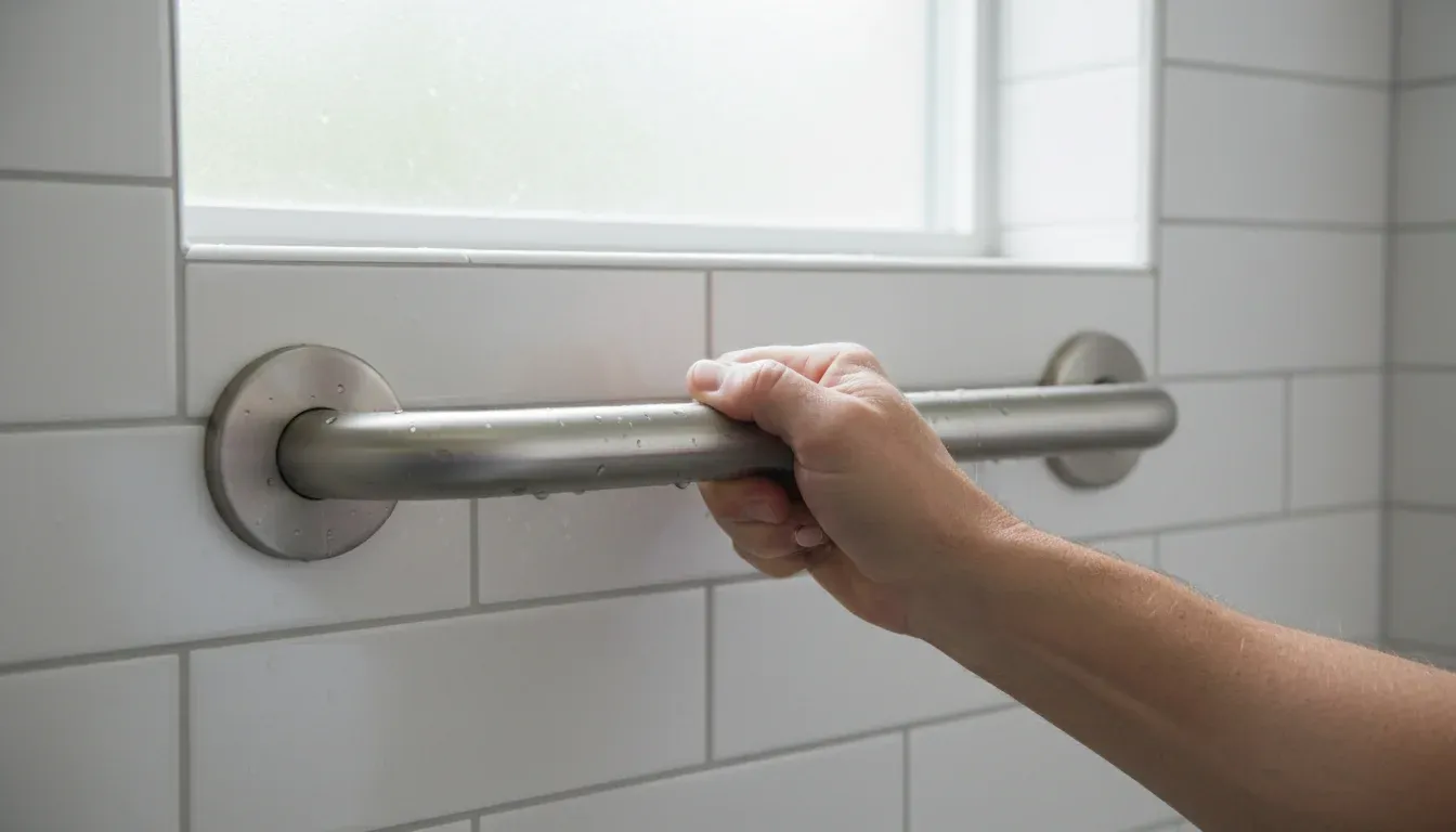 hand gripping bathroom grab bar mounted on tile wall