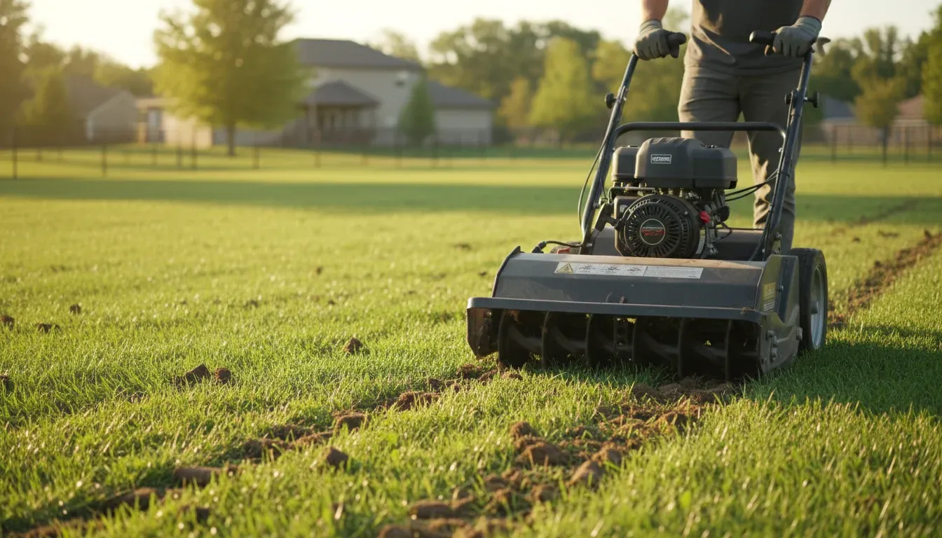 core aerator removing soil plugs from compacted lawn