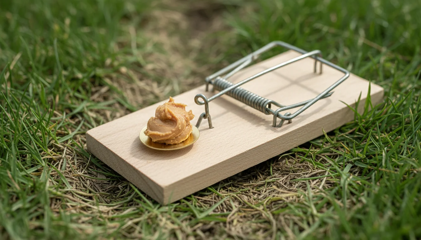 Snap trap set perpendicular across a vole runway with peanut butter bait