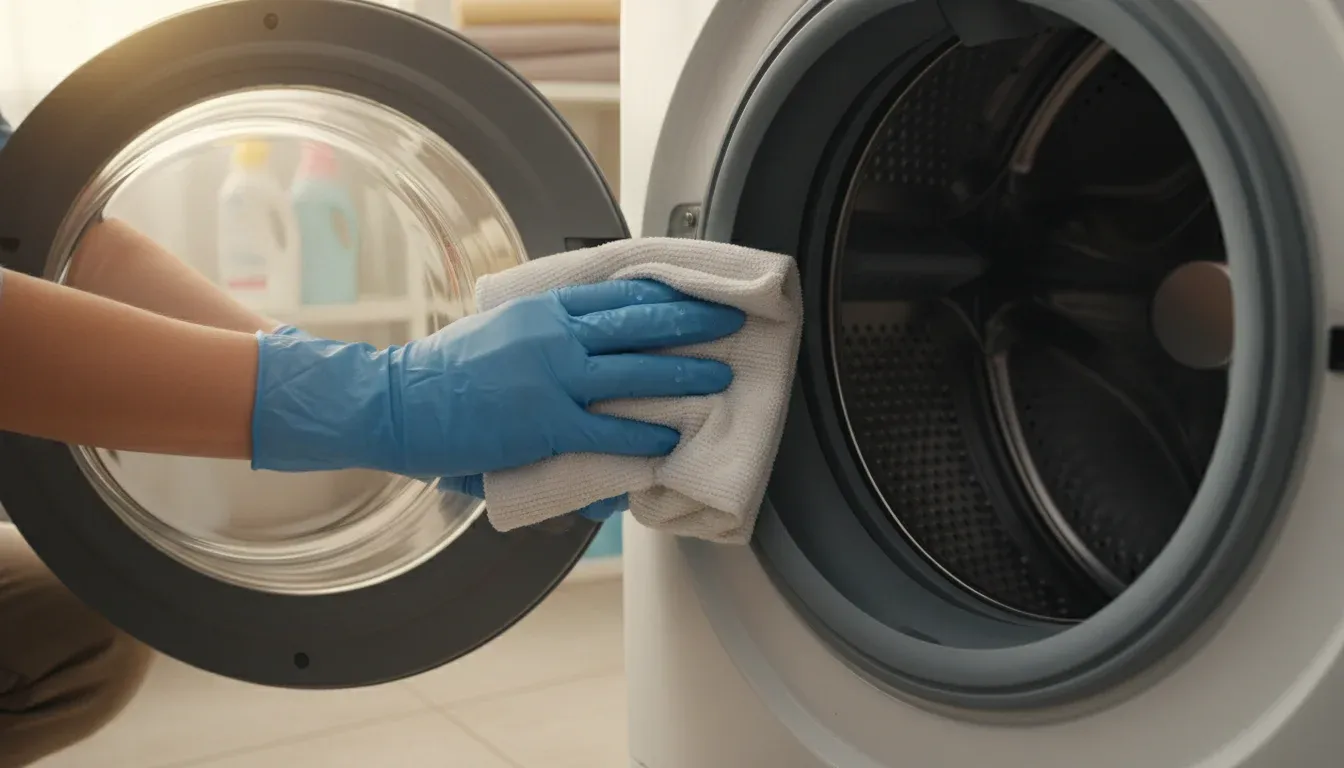 Hands cleaning washing machine door seal with a cloth