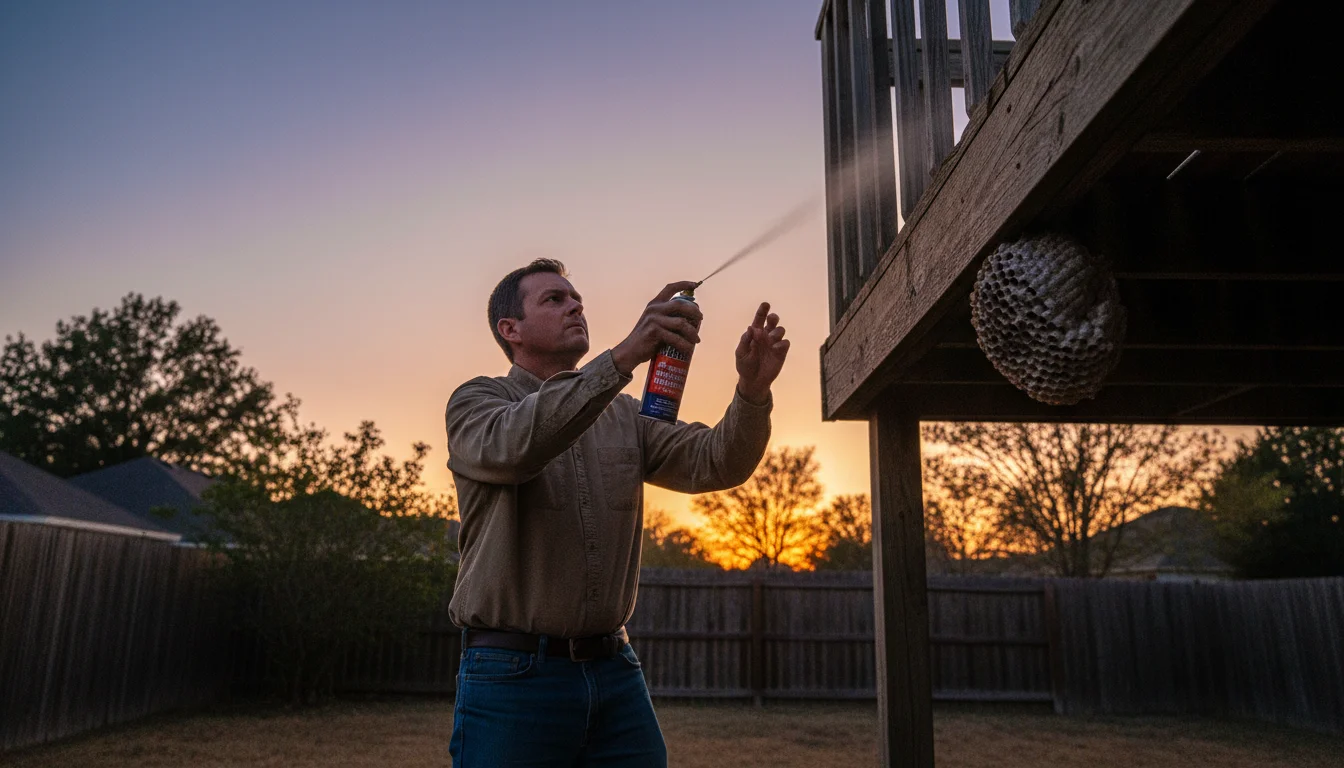 Person spraying wasp nest with commercial wasp and hornet spray at dusk