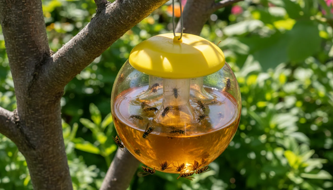 Commercial wasp trap hanging in garden with wasps attracted to the bait solution