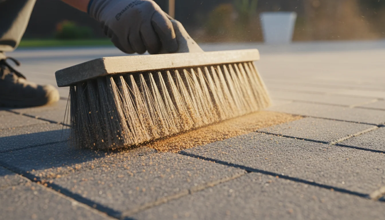 Sweeping polymeric sand into paving cracks to permanently prevent weed regrowth