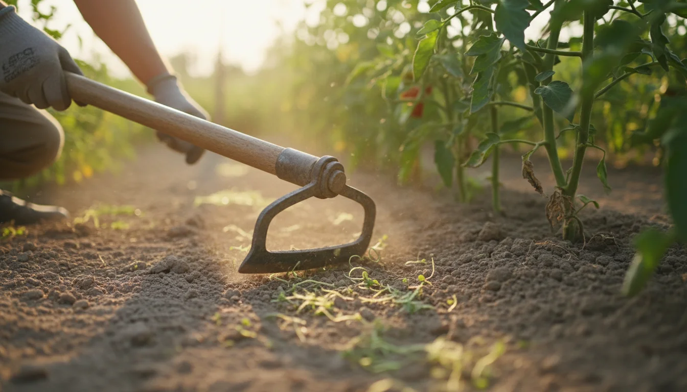 Using a stirrup hoe to cut weeds between garden plants at soil level