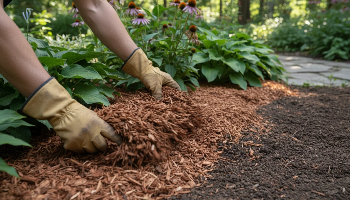 Applying thick wood chip mulch around garden plants to suppress weed growth
