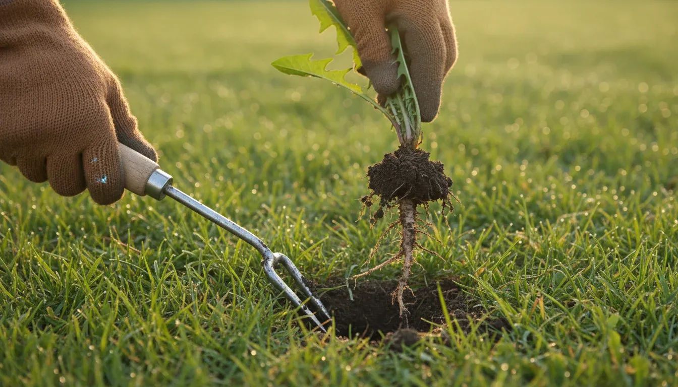 using weeding tool to remove dandelion with full taproot