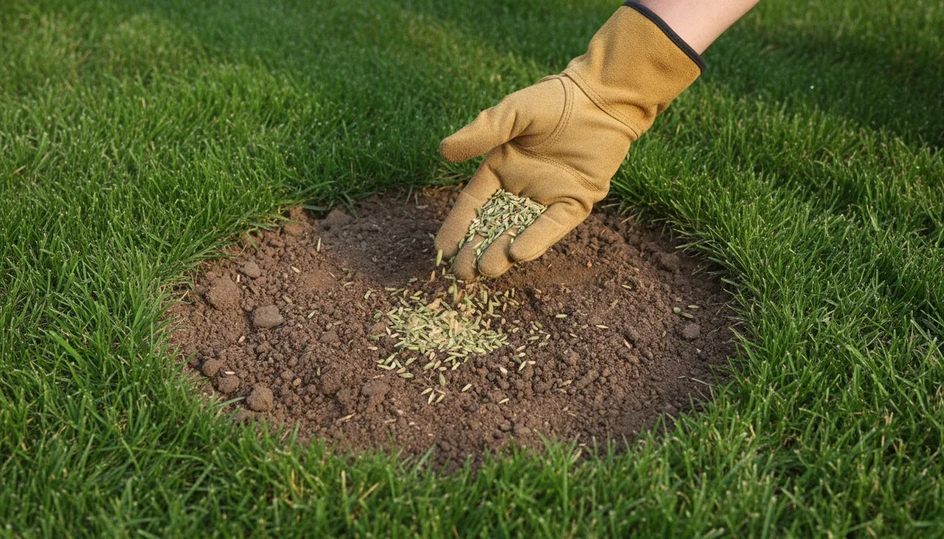 spreading grass seed over bare patch in lawn