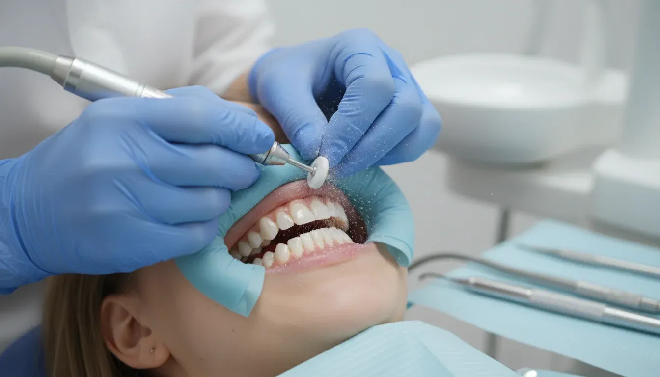dentist applying micro-abrasion treatment to front teeth