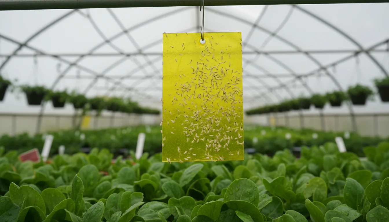 Yellow sticky trap covered in whiteflies caught on adhesive, hanging above greenhouse plants