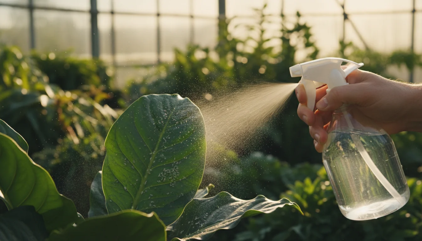 Spraying underside of a greenhouse plant leaf with insecticidal soap solution where whitefly nymphs are clustered